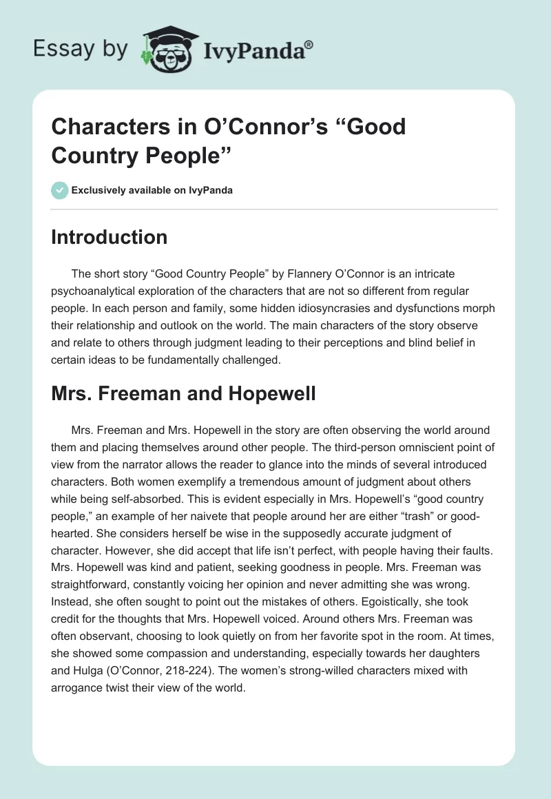 Characters in O’Connor’s “Good Country People”. Page 1