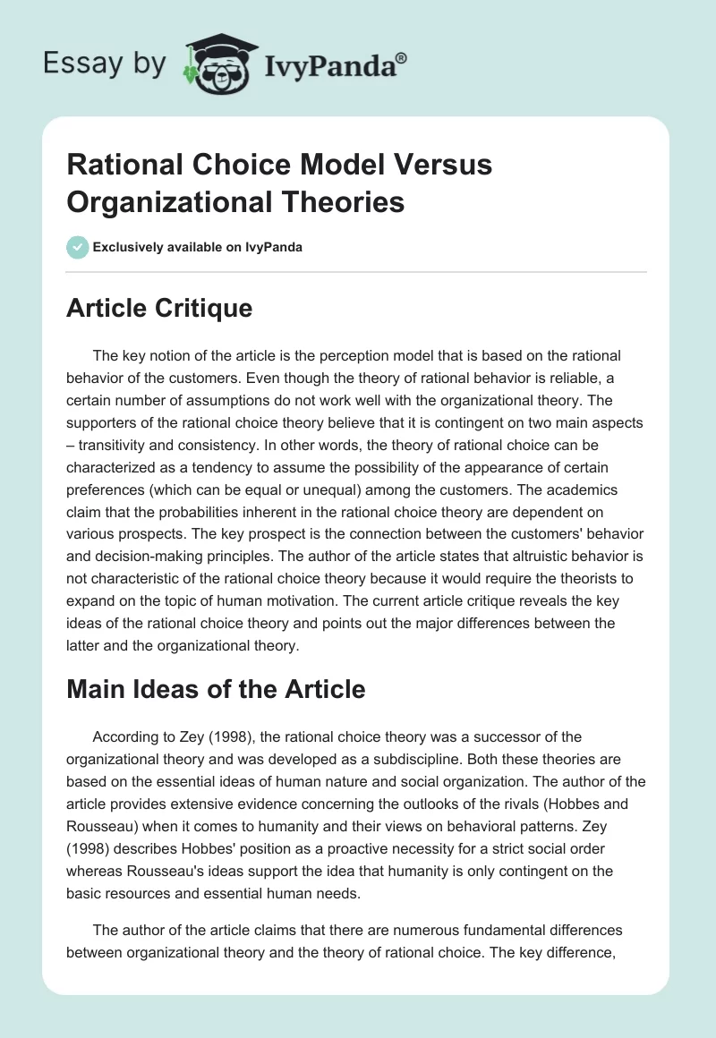 Rational Choice Model Versus Organizational Theories. Page 1