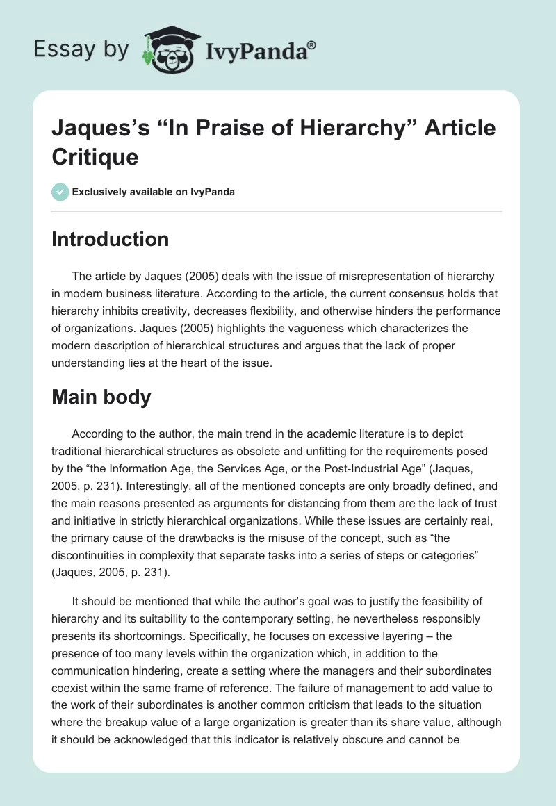 Jaques’s “In Praise of Hierarchy” Article Critique. Page 1
