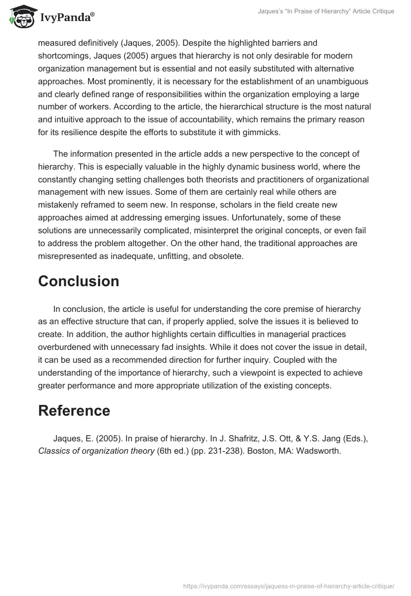 Jaques’s “In Praise of Hierarchy” Article Critique. Page 2