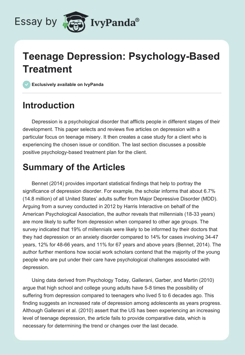 Teenage Depression: Psychology-Based Treatment. Page 1