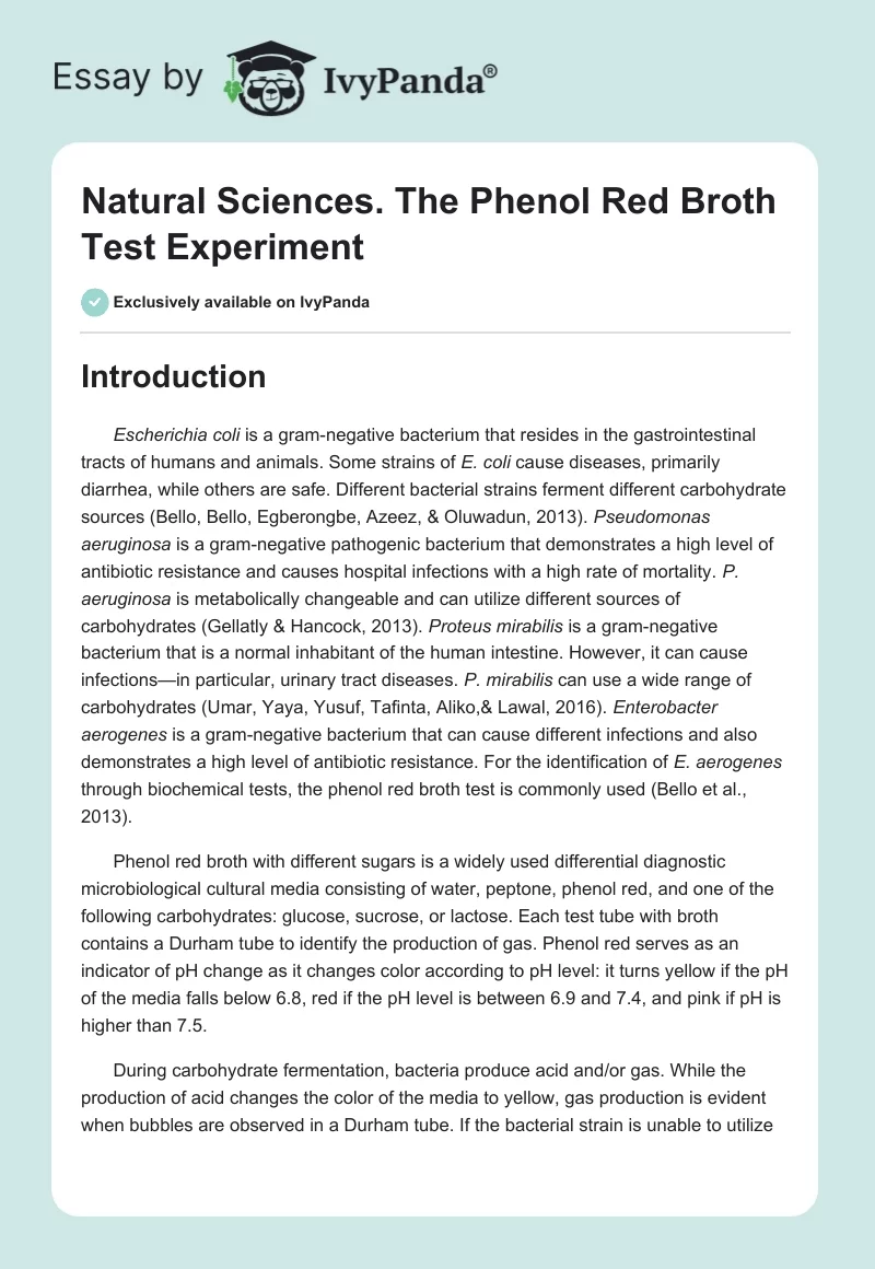 Natural Sciences. The Phenol Red Broth Test Experiment. Page 1