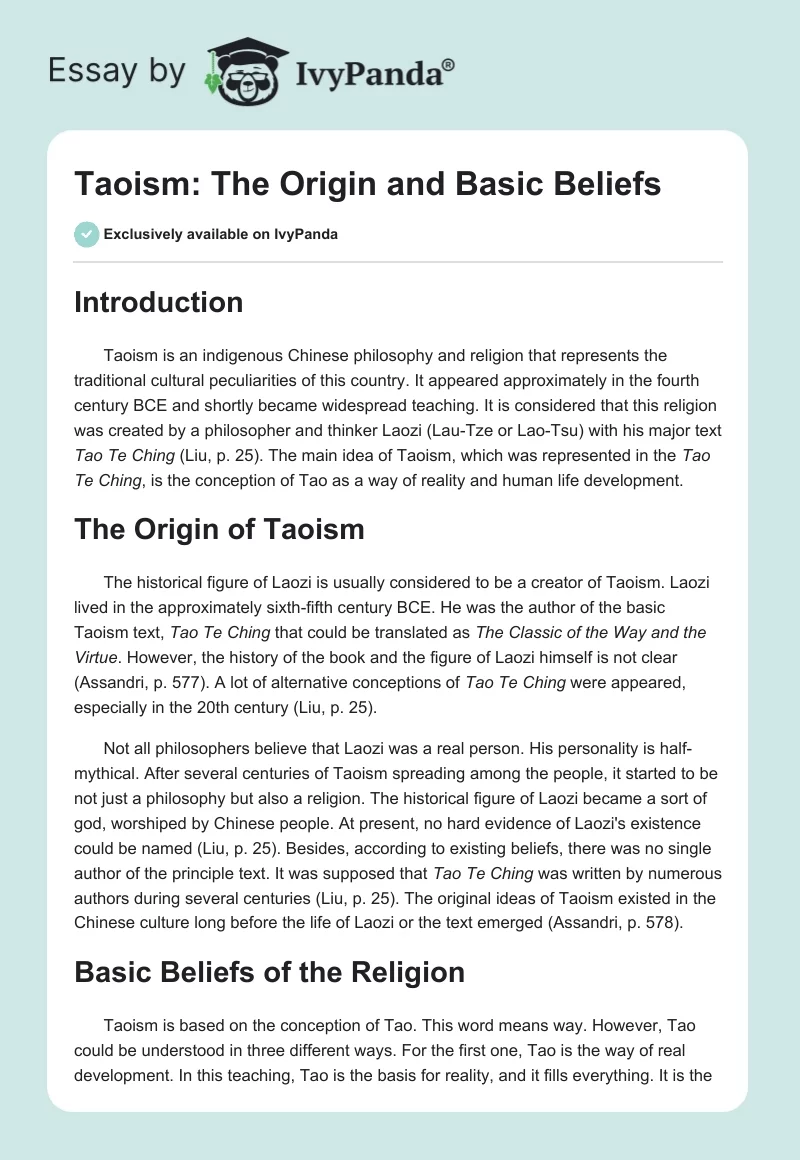 Taoism: The Origin and Basic Beliefs. Page 1