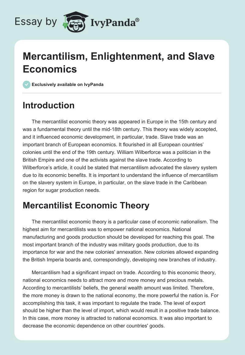 Mercantilism, Enlightenment, and Slave Economics. Page 1