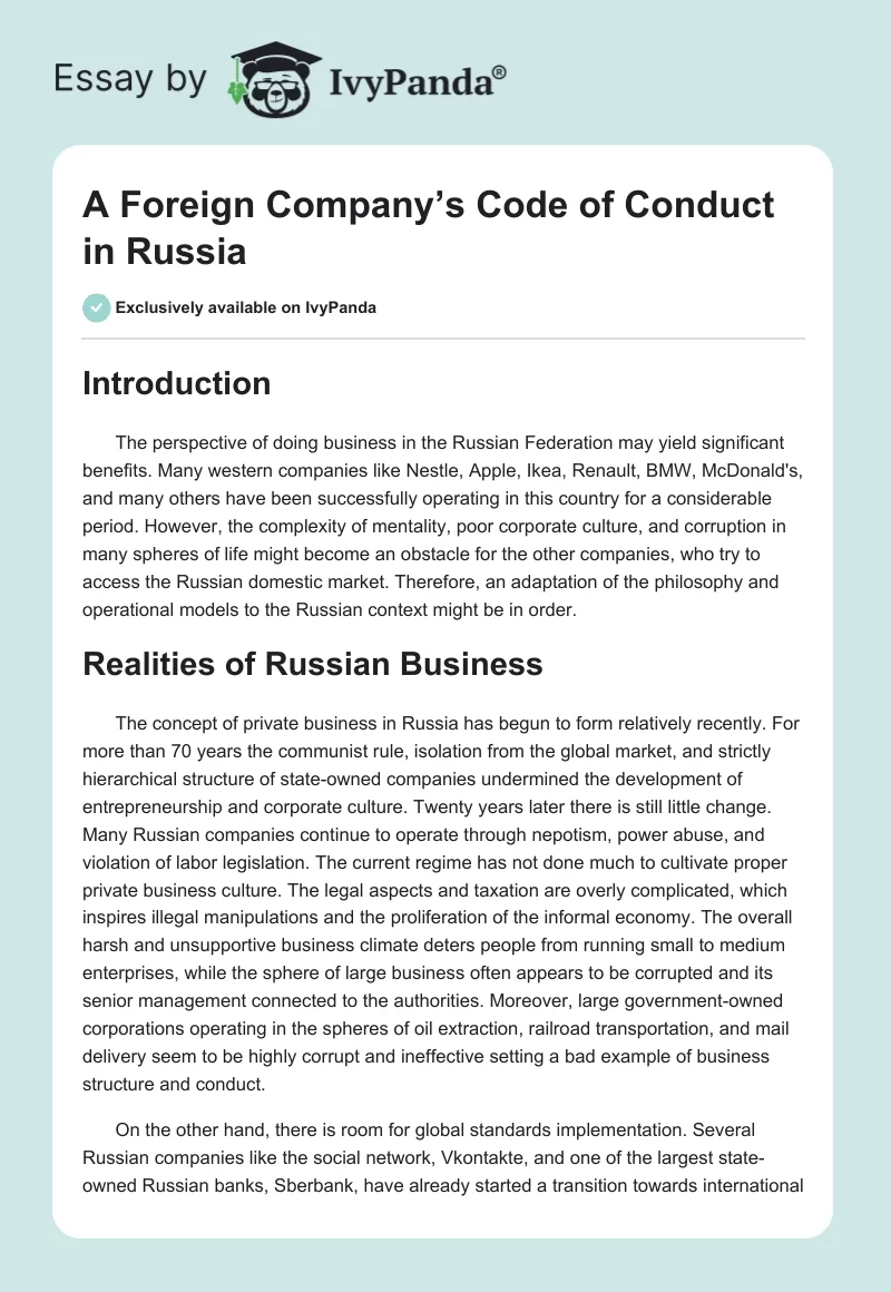 A Foreign Company’s Code of Conduct in Russia. Page 1