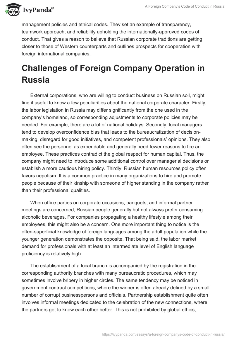 A Foreign Company’s Code of Conduct in Russia. Page 2