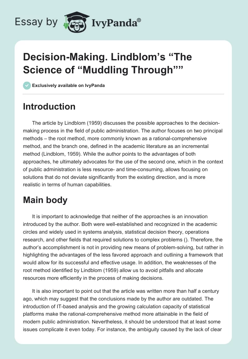 Decision-Making. Lindblom’s “The Science of “Muddling Through””. Page 1