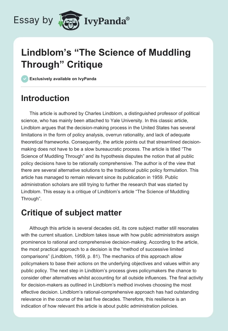 Lindblom’s “The Science of Muddling Through” Critique. Page 1