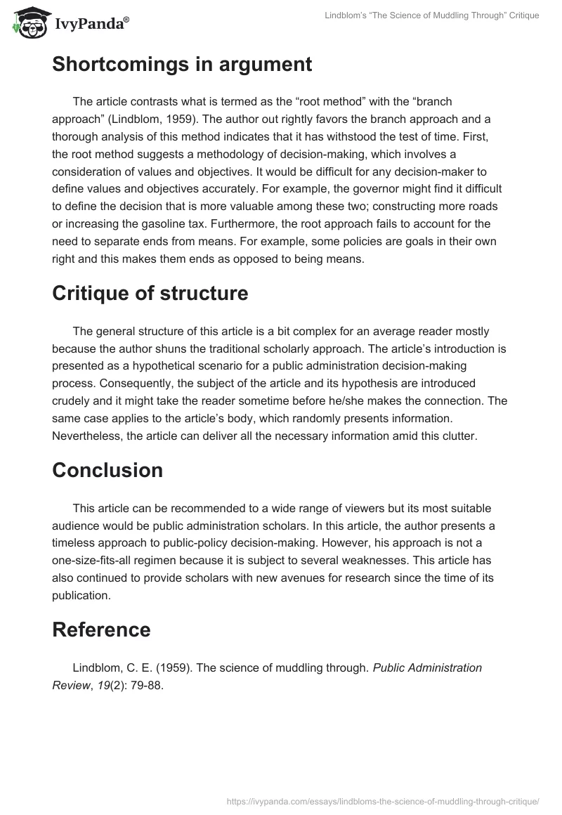 Lindblom’s “The Science of Muddling Through” Critique. Page 2