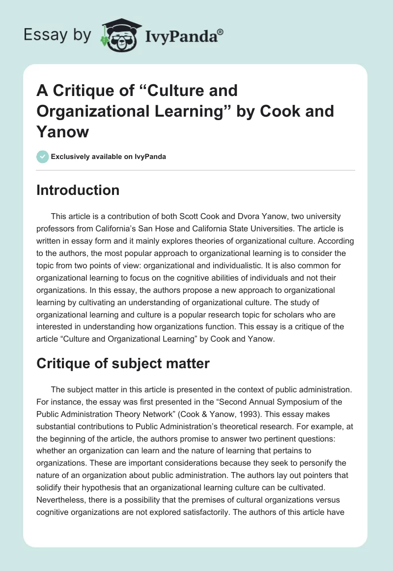 A Critique of “Culture and Organizational Learning” by Cook and Yanow. Page 1