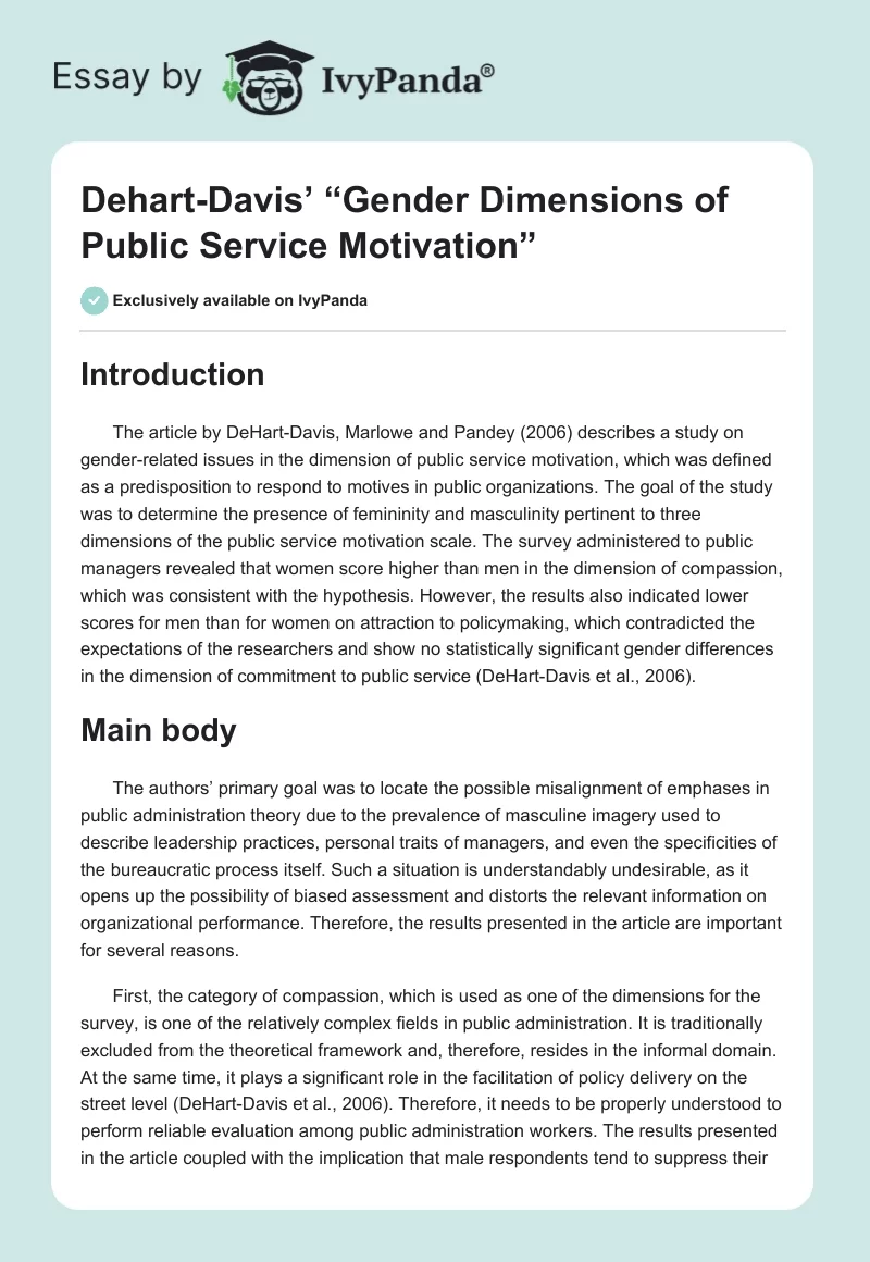 Dehart-Davis’ “Gender Dimensions of Public Service Motivation”. Page 1