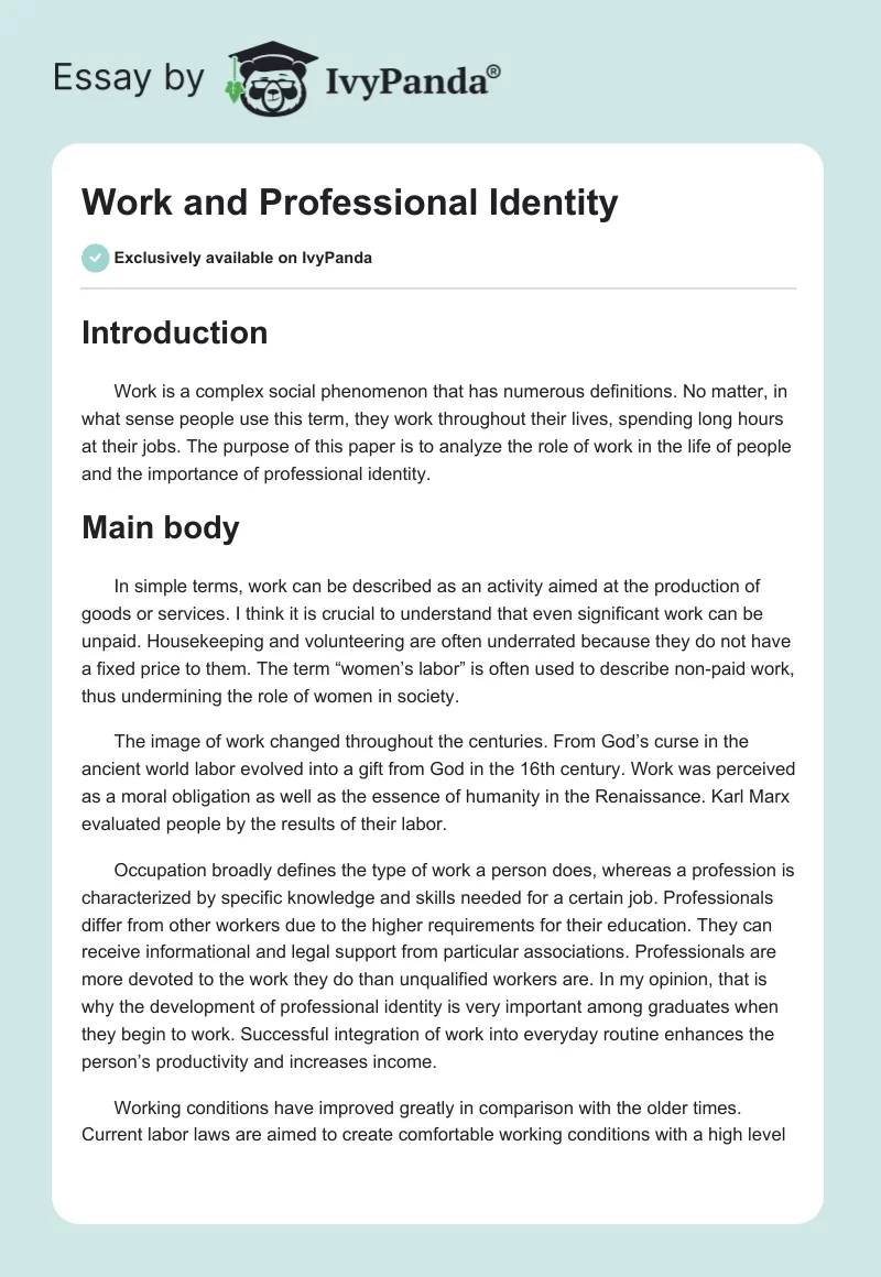 Work and Professional Identity. Page 1