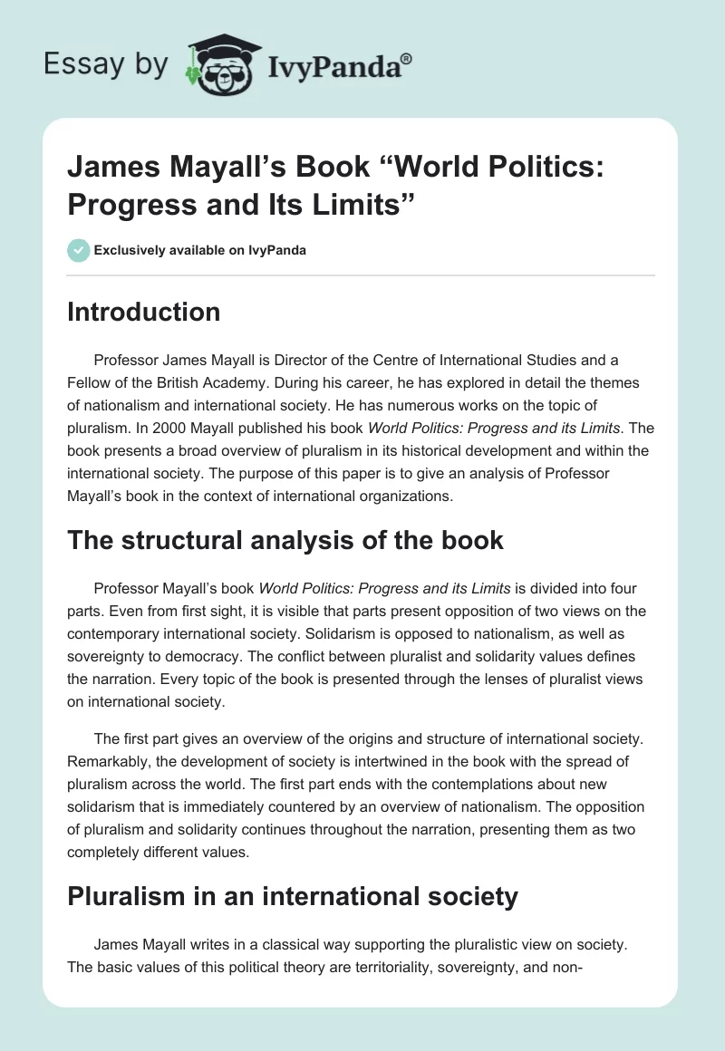 James Mayall’s Book “World Politics: Progress and Its Limits”. Page 1