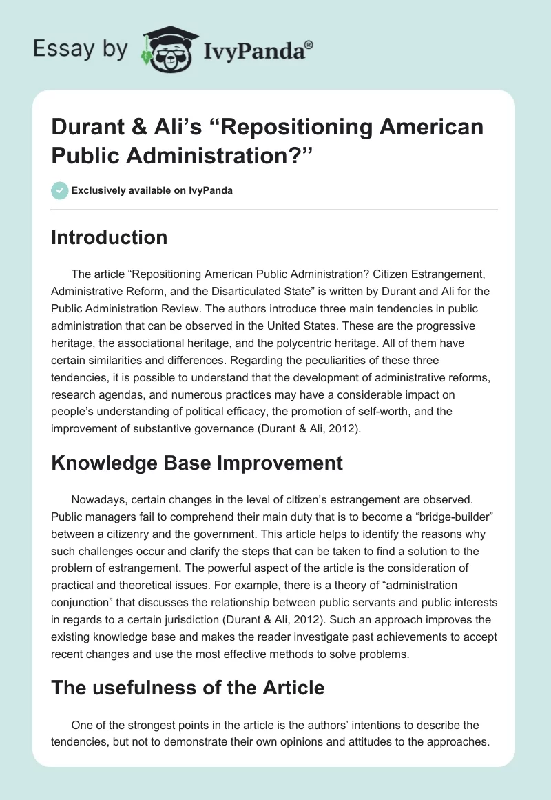 Durant & Ali’s “Repositioning American Public Administration?”. Page 1