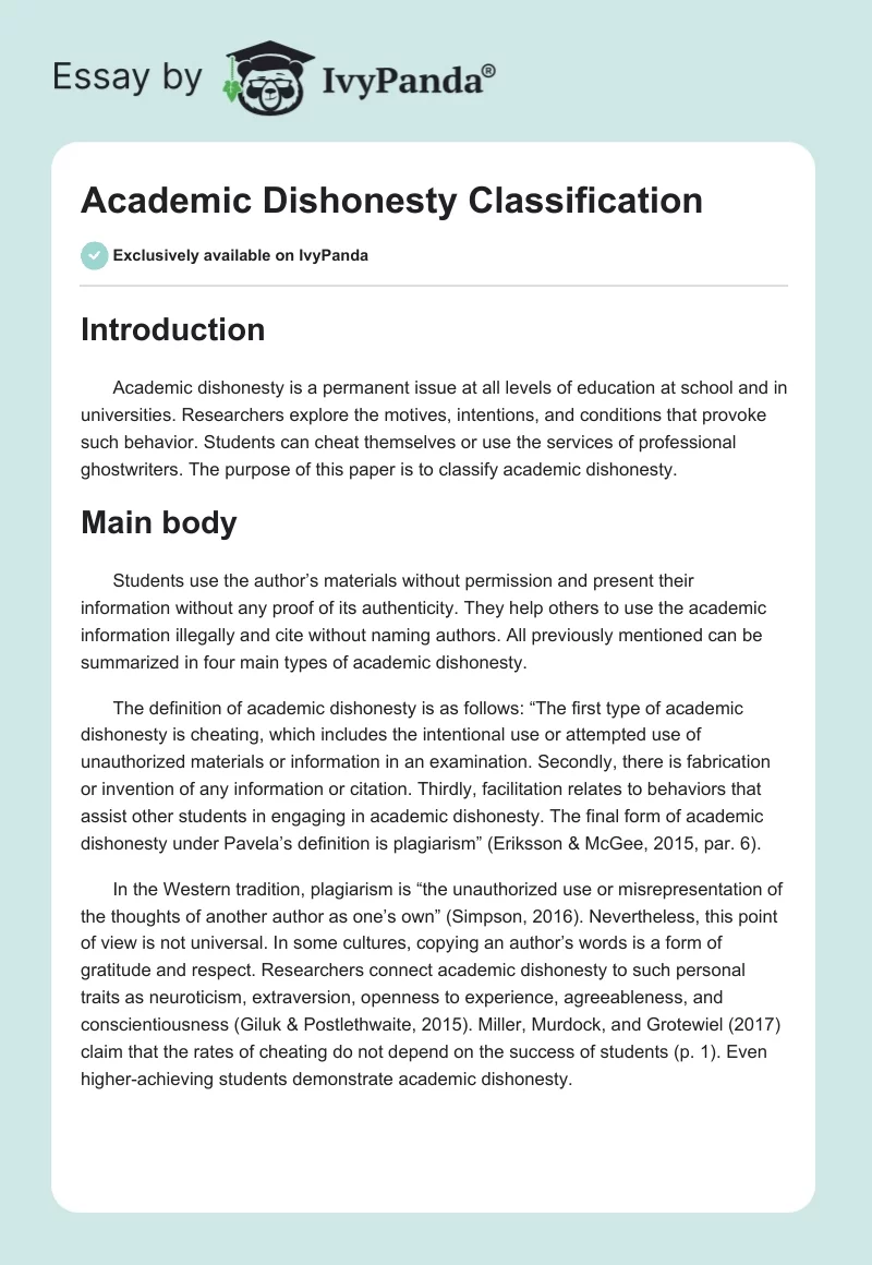 Academic Dishonesty Classification. Page 1