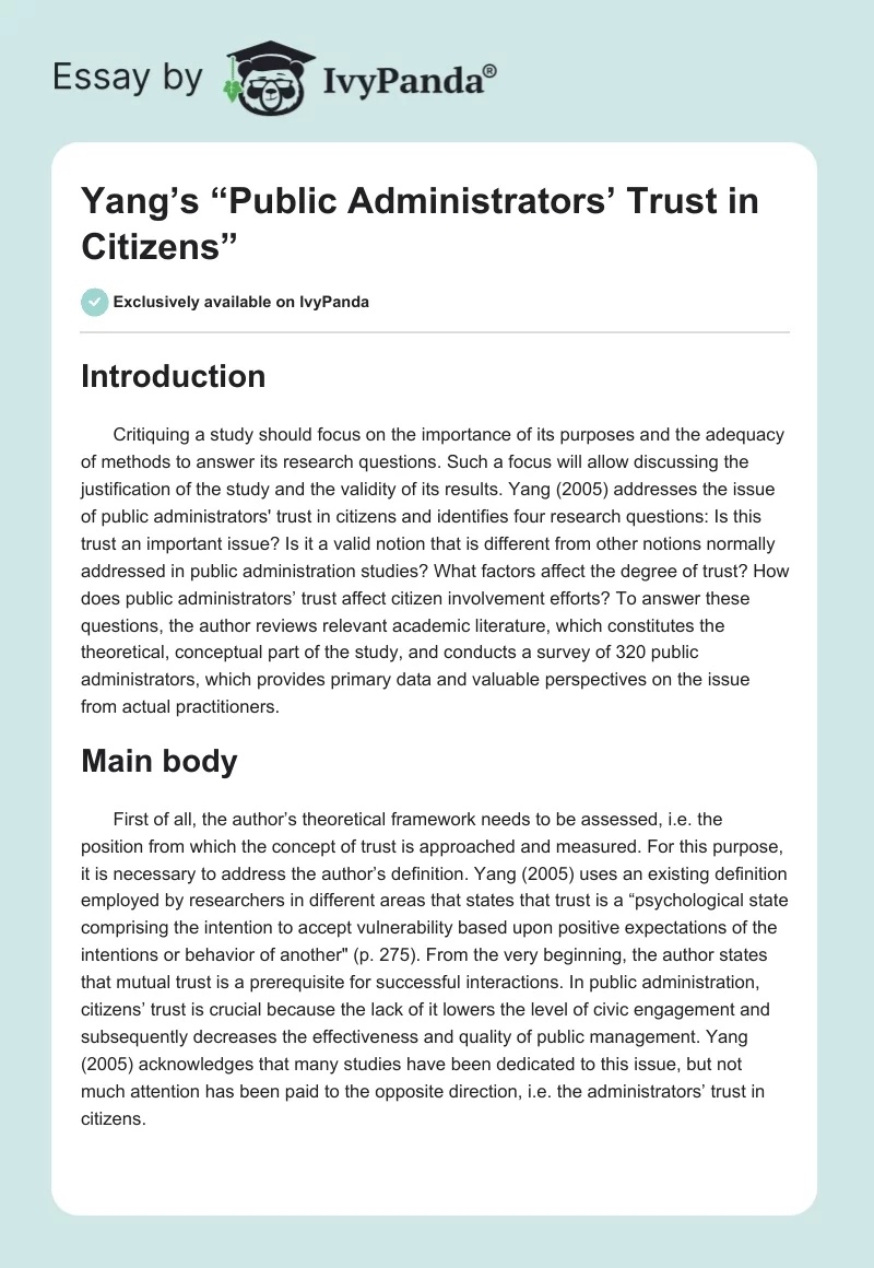 Yang’s “Public Administrators’ Trust in Citizens”. Page 1