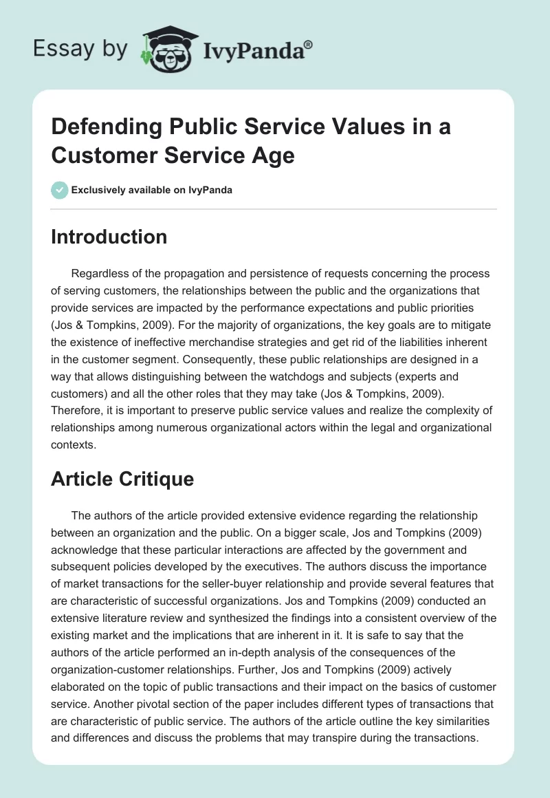 Defending Public Service Values in a Customer Service Age. Page 1