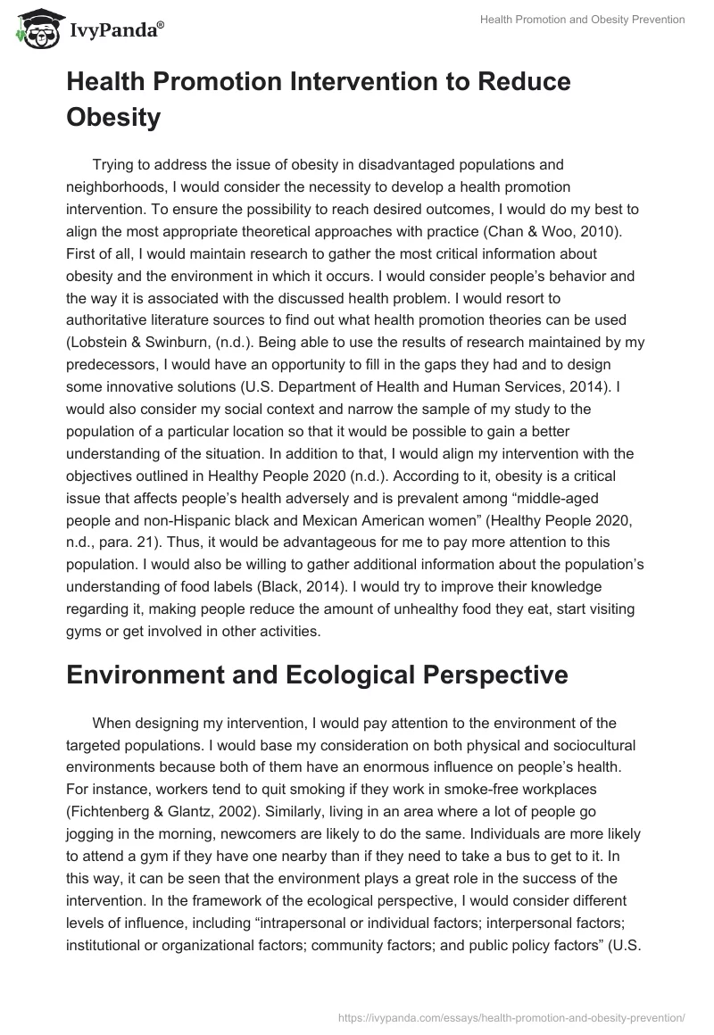 Health Promotion and Obesity Prevention. Page 2