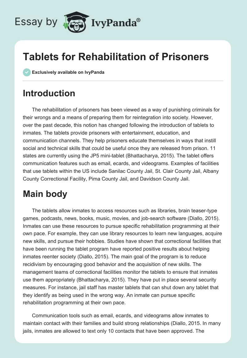 Tablets for Rehabilitation of Prisoners. Page 1