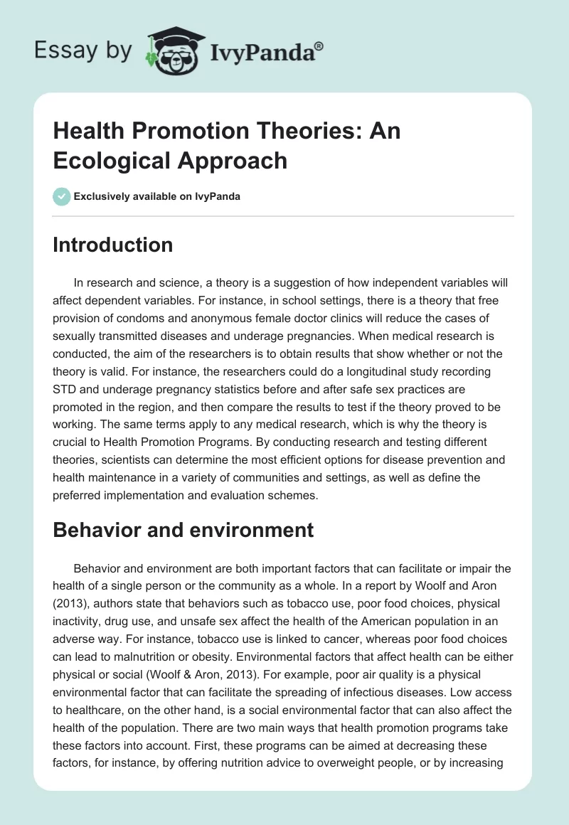 Health Promotion Theories: An Ecological Approach. Page 1