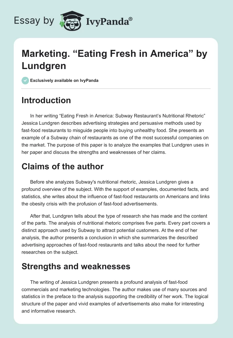 Marketing. “Eating Fresh in America” by Lundgren. Page 1