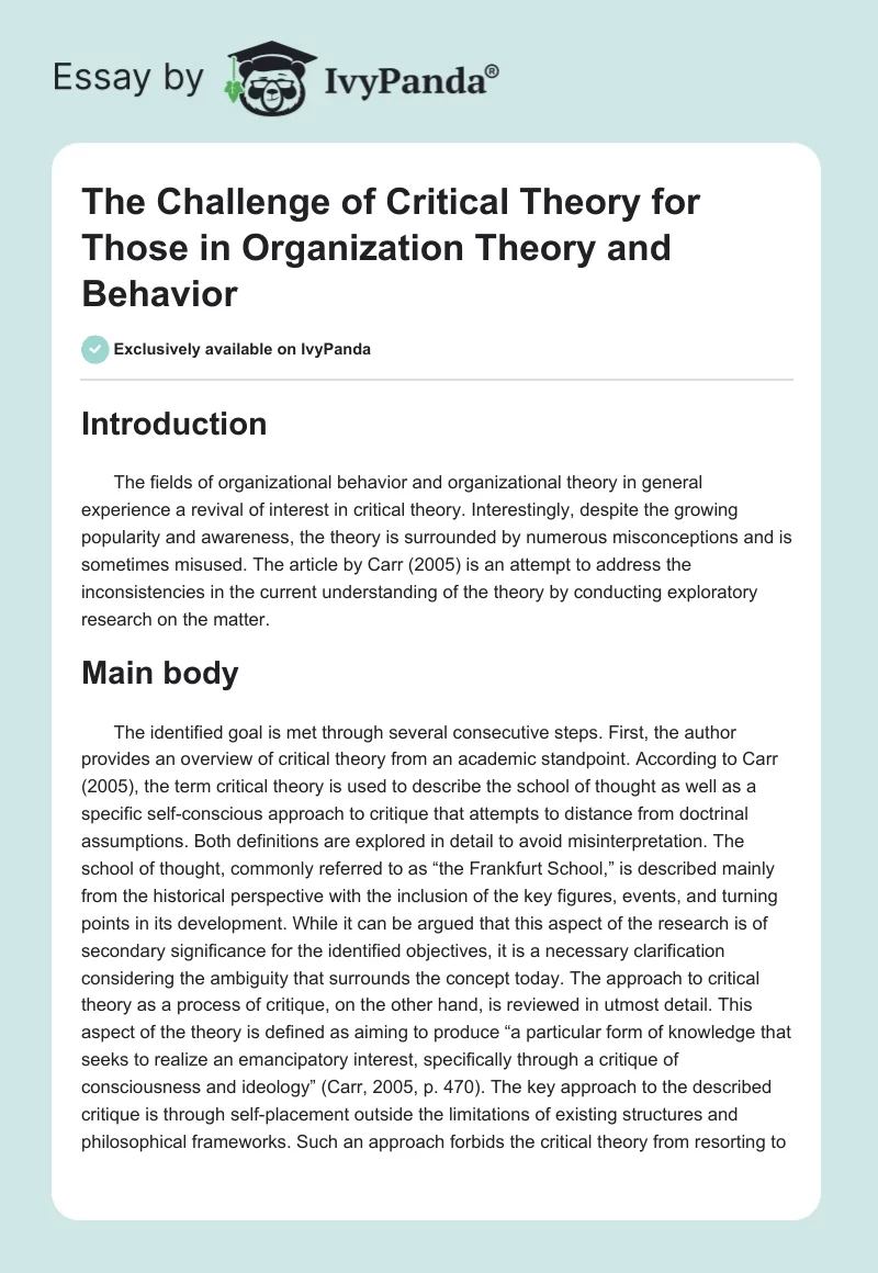 The Challenge of Critical Theory for Those in Organization Theory and Behavior. Page 1