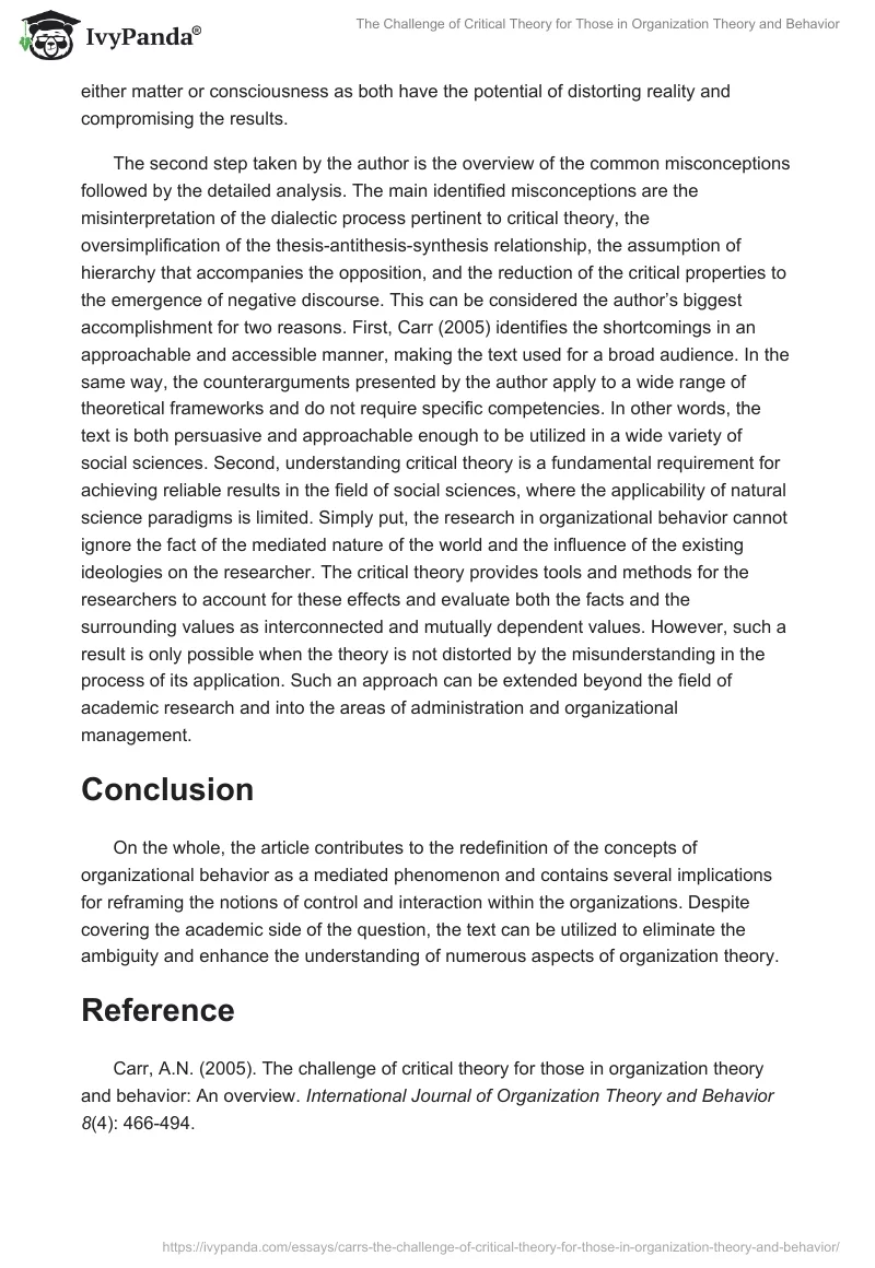 The Challenge of Critical Theory for Those in Organization Theory and Behavior. Page 2