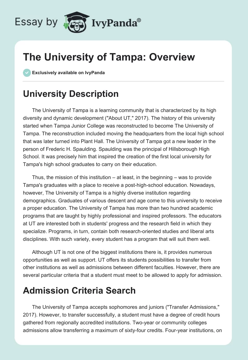 The University of Tampa: Overview. Page 1