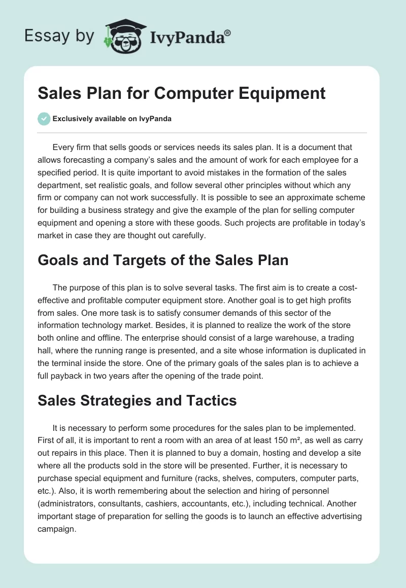 Sales Plan for Computer Equipment. Page 1