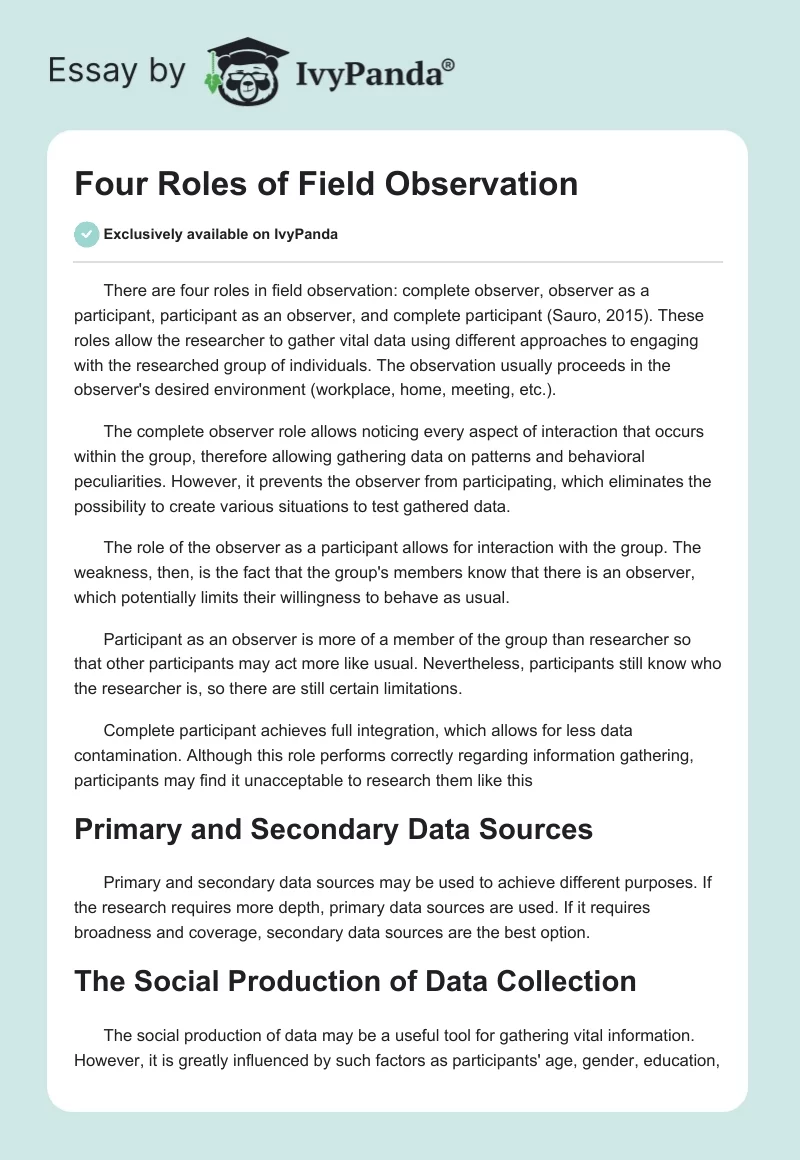 Four Roles of Field Observation. Page 1