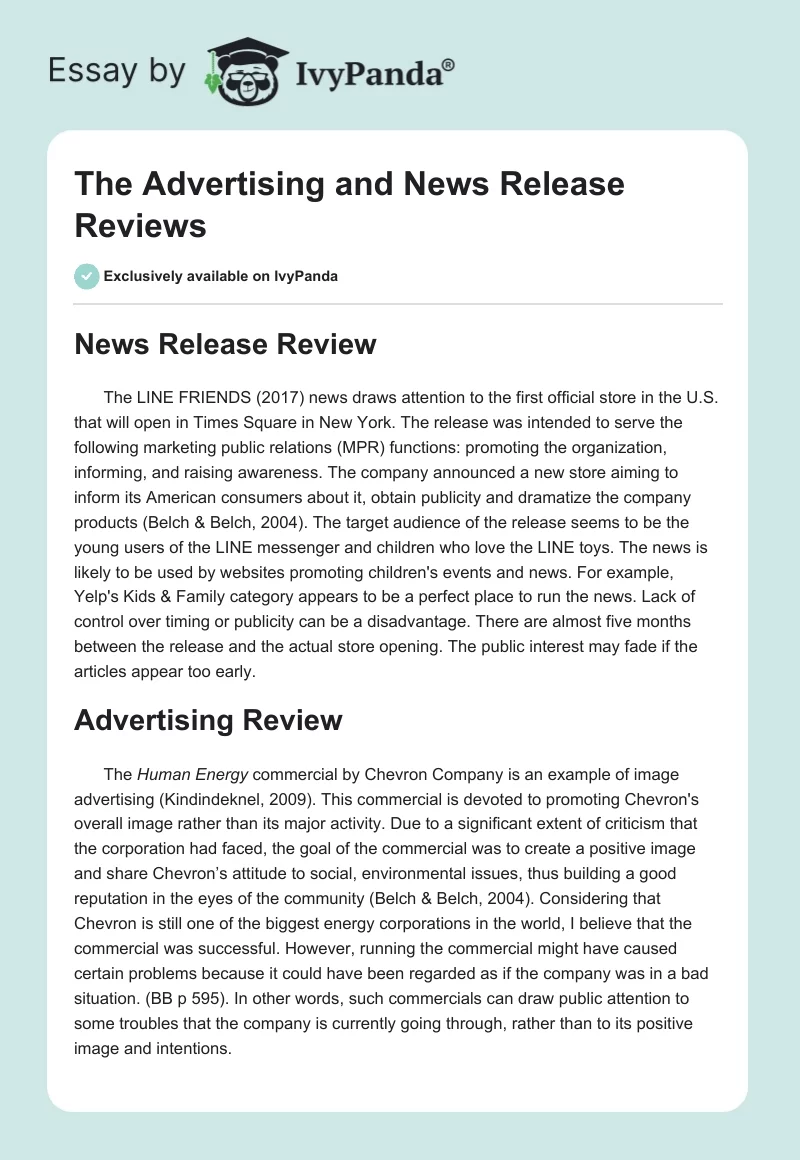 The Advertising and News Release Reviews. Page 1