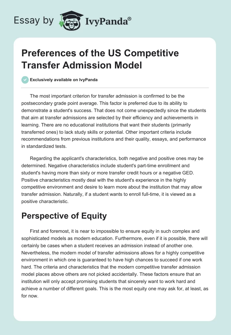 Preferences of the US Competitive Transfer Admission Model. Page 1