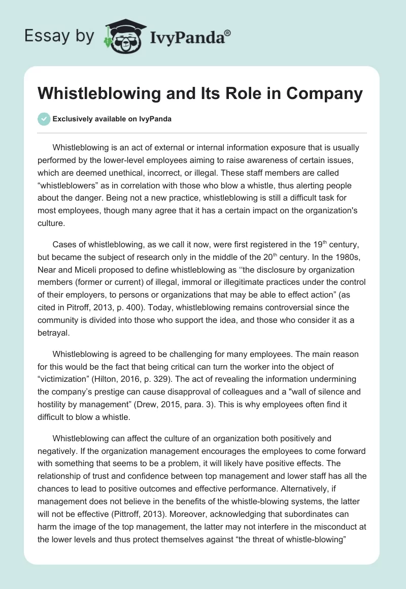 Whistleblowing and Its Role in Company. Page 1