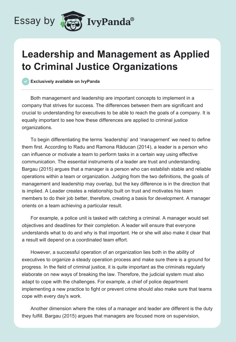 Leadership and Management as Applied to Criminal Justice Organizations. Page 1