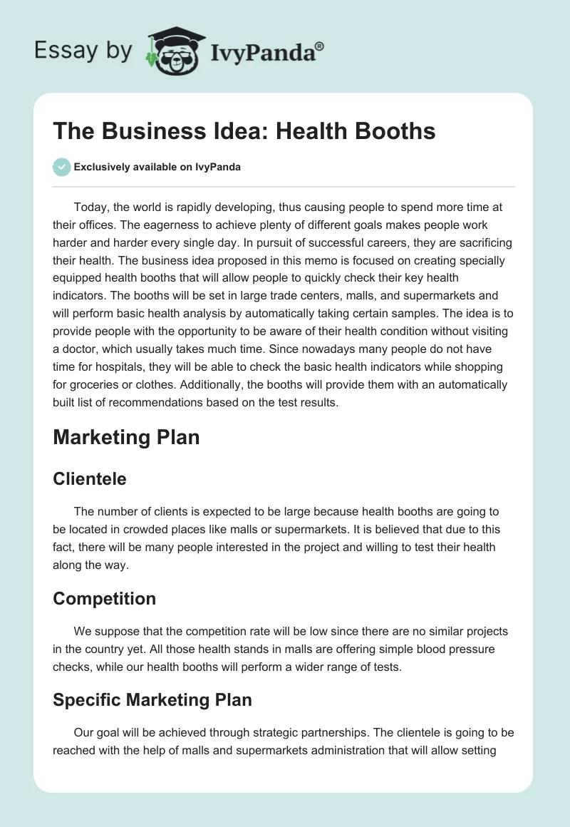 The Business Idea: Health Booths. Page 1