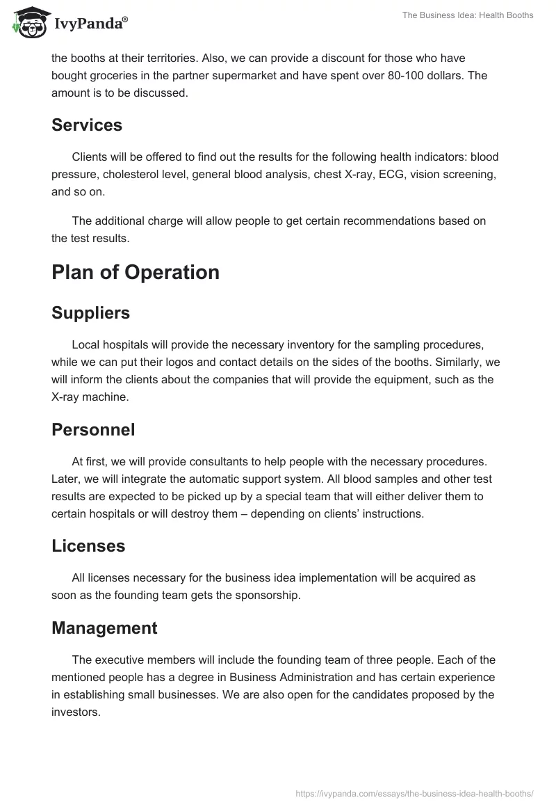 The Business Idea: Health Booths. Page 2