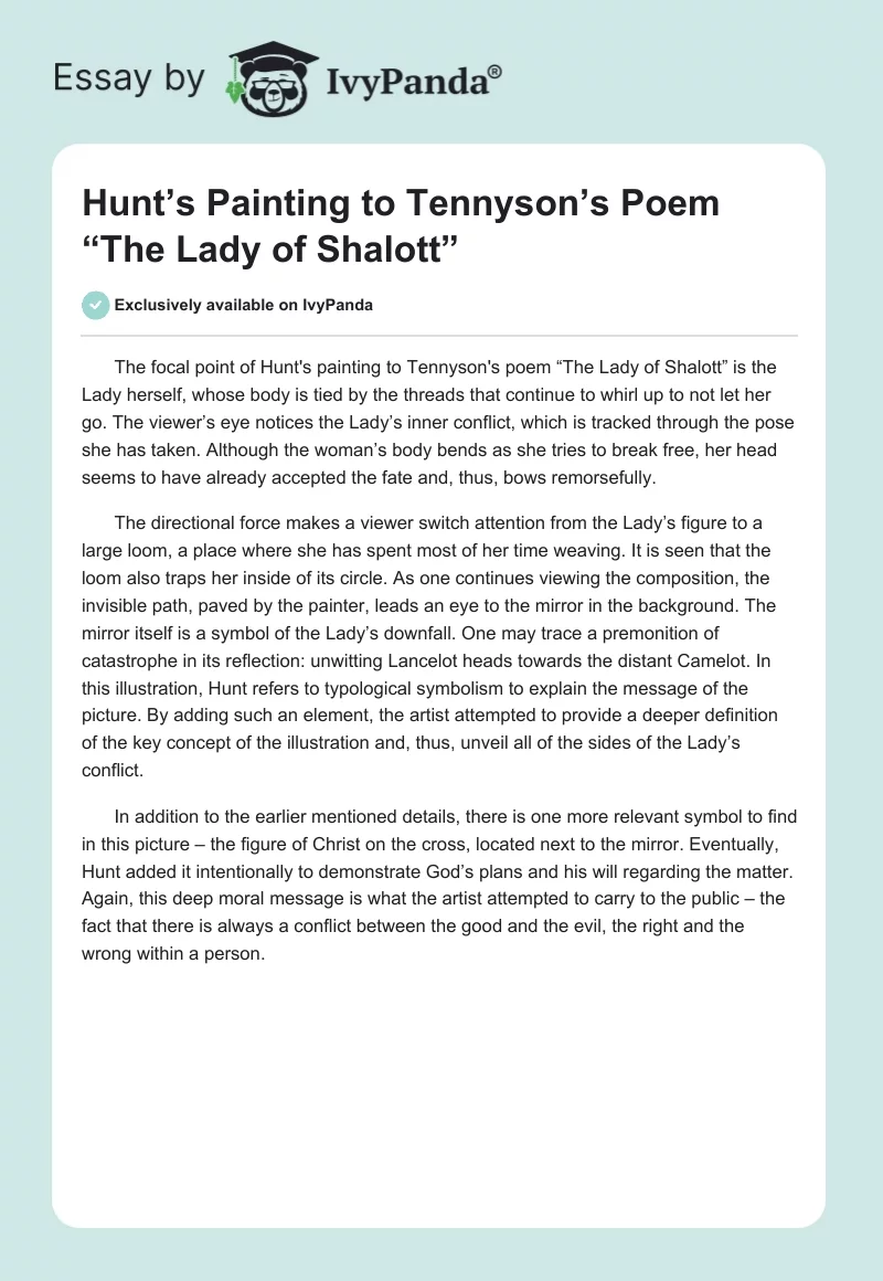 Hunt’s Painting to Tennyson’s Poem “The Lady of Shalott”. Page 1