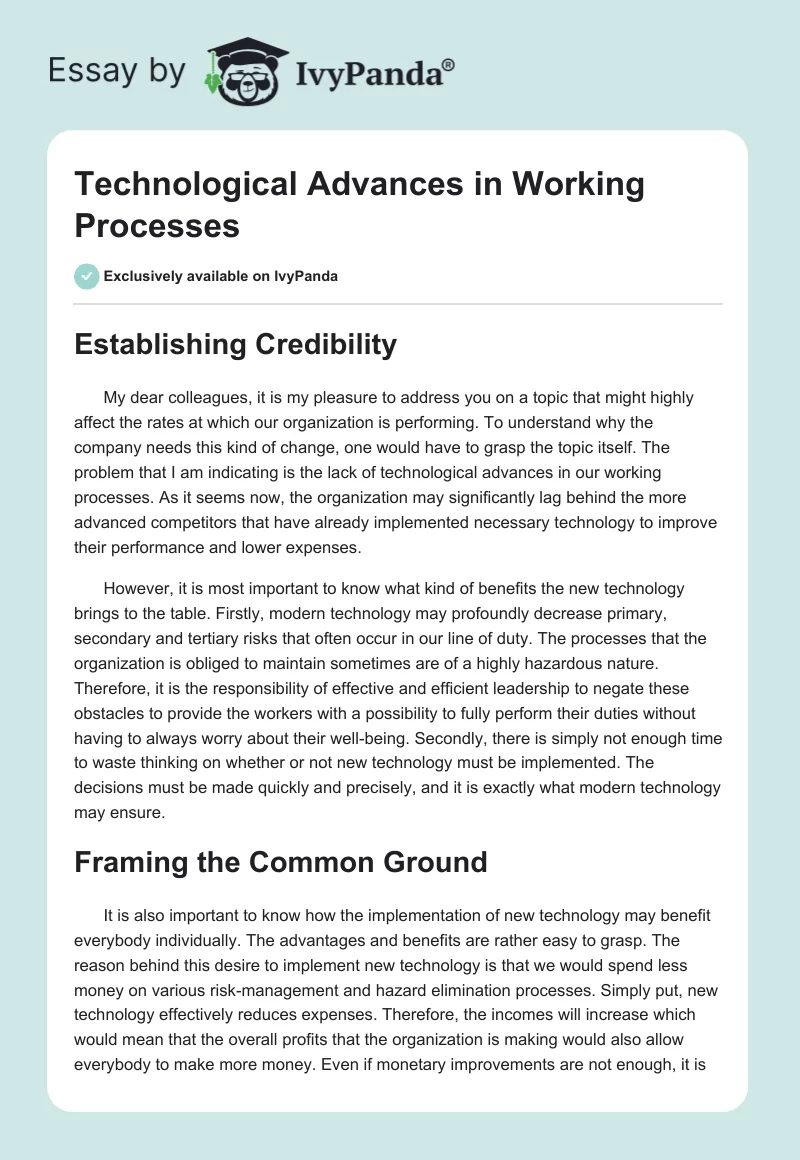 Technological Advances in Working Processes - 646 Words | Essay Example