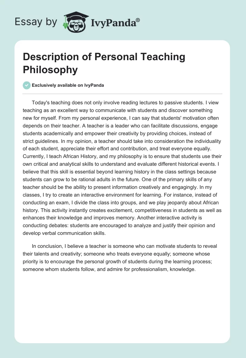 Description of Personal Teaching Philosophy. Page 1