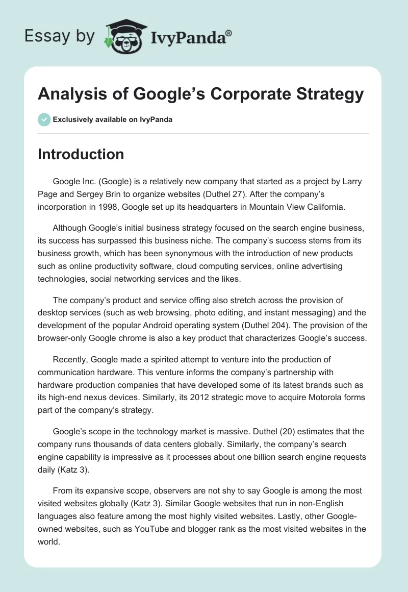 Analysis of Google’s Corporate Strategy. Page 1
