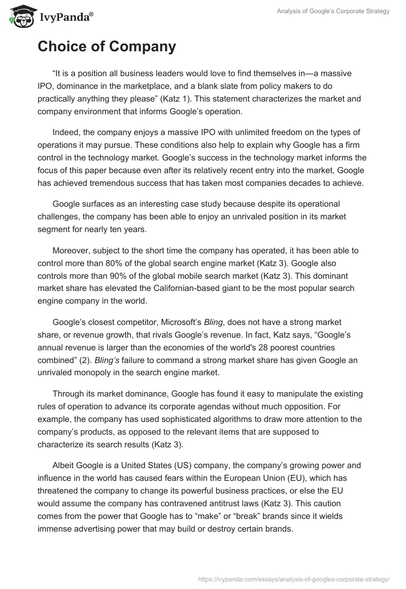 Analysis of Google’s Corporate Strategy. Page 2