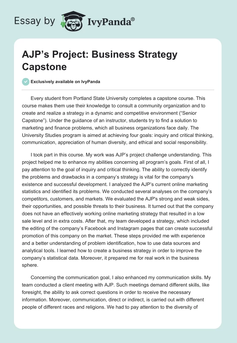 AJP’s Project: Business Strategy Capstone. Page 1