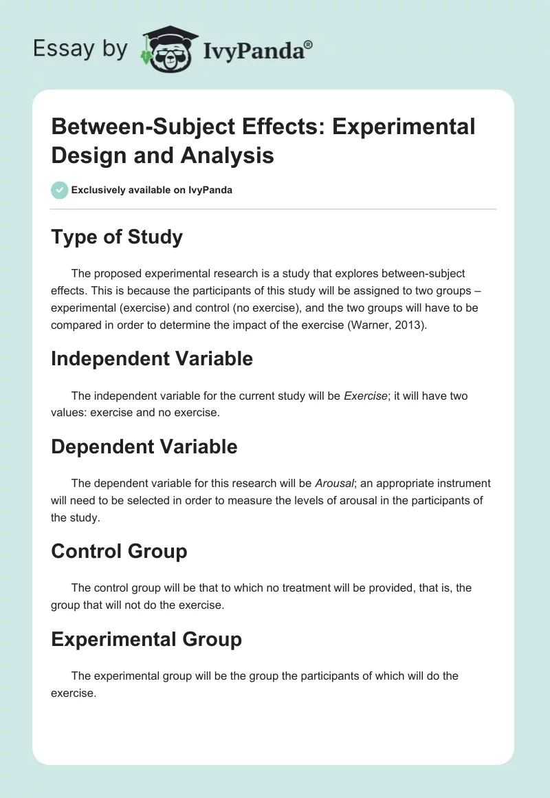 Between-Subject Effects: Experimental Design and Analysis. Page 1