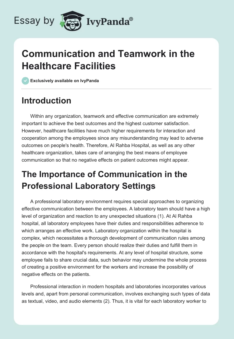 Communication and Teamwork in the Healthcare Facilities. Page 1