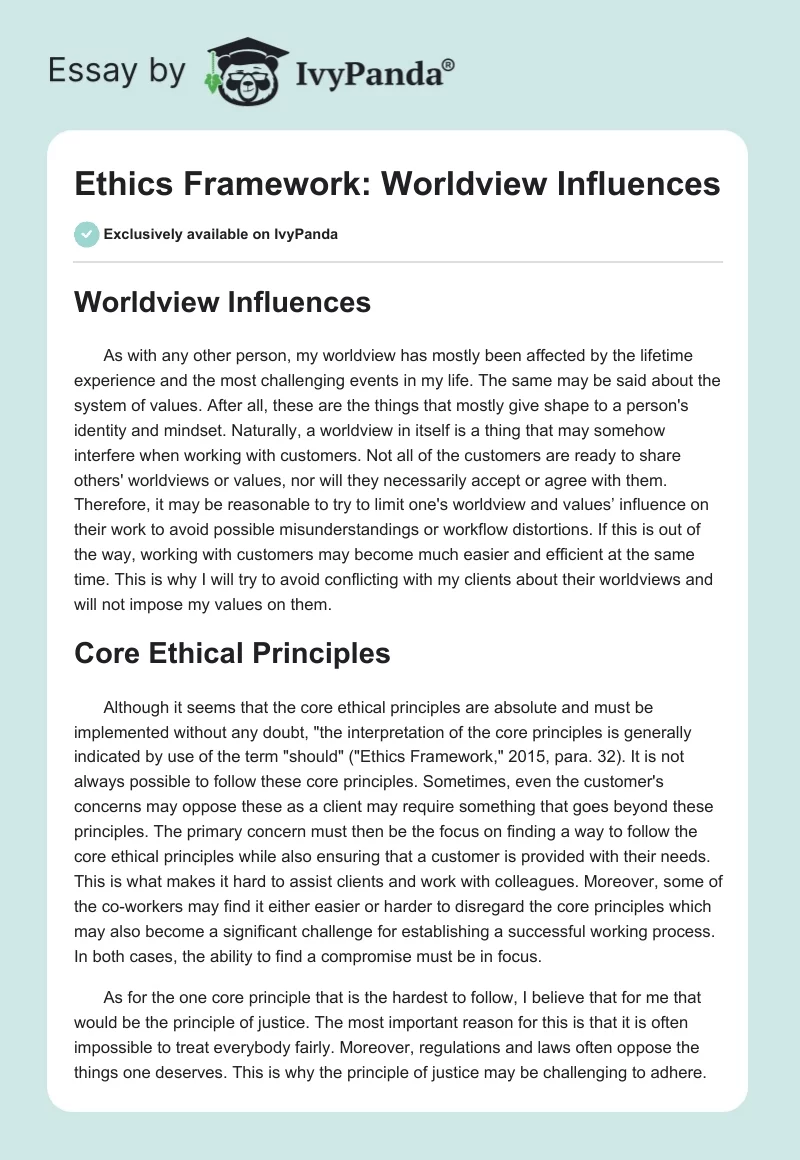Ethics Framework: Worldview Influences. Page 1