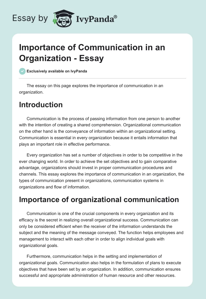 Importance of Communication in an Organization - Essay. Page 1