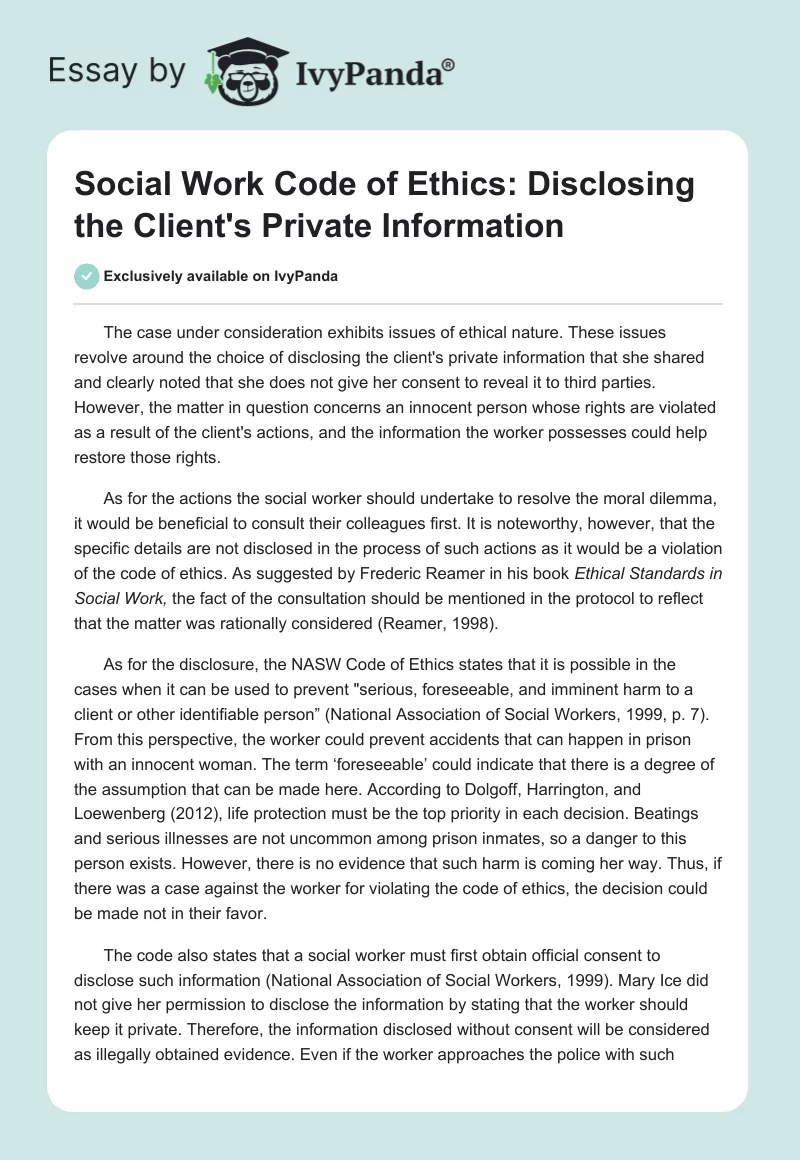 Social Work Code of Ethics: Disclosing the Client's Private Information. Page 1