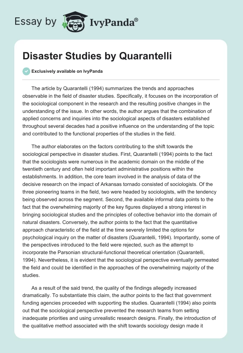 Disaster Studies by Quarantelli. Page 1