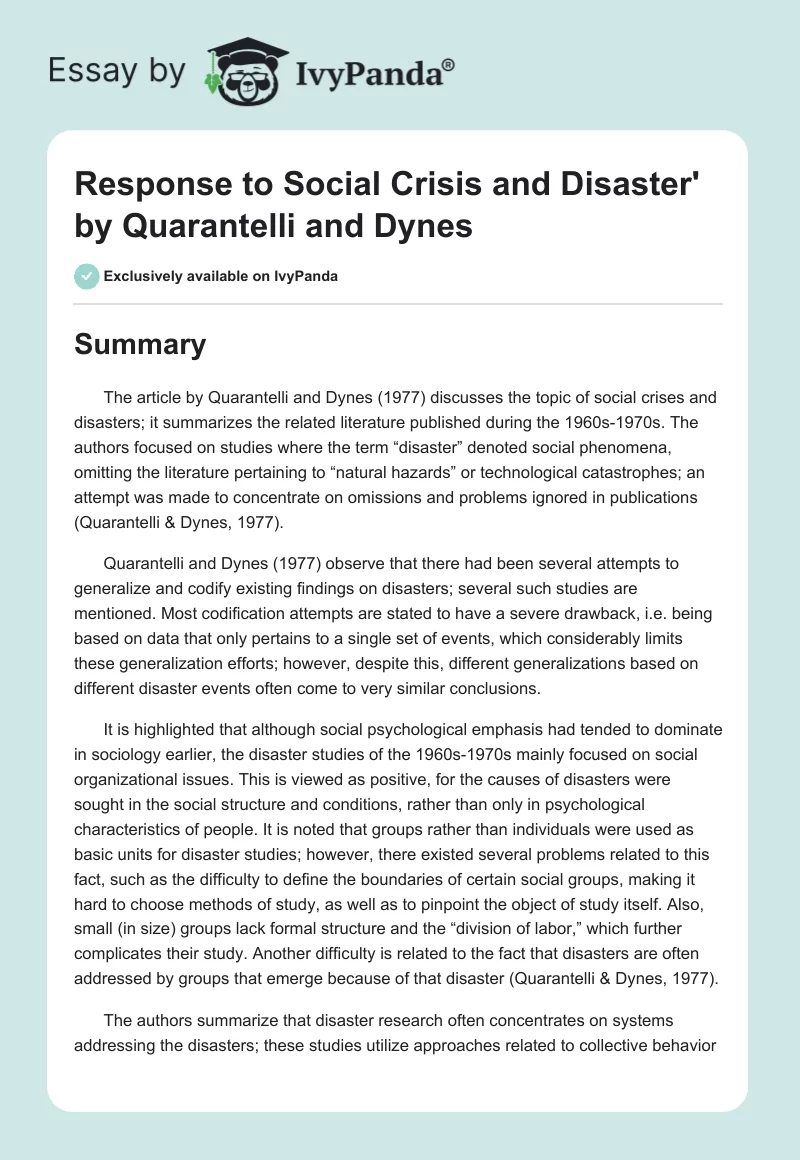 Response to Social Crisis and Disaster' by Quarantelli and Dynes. Page 1