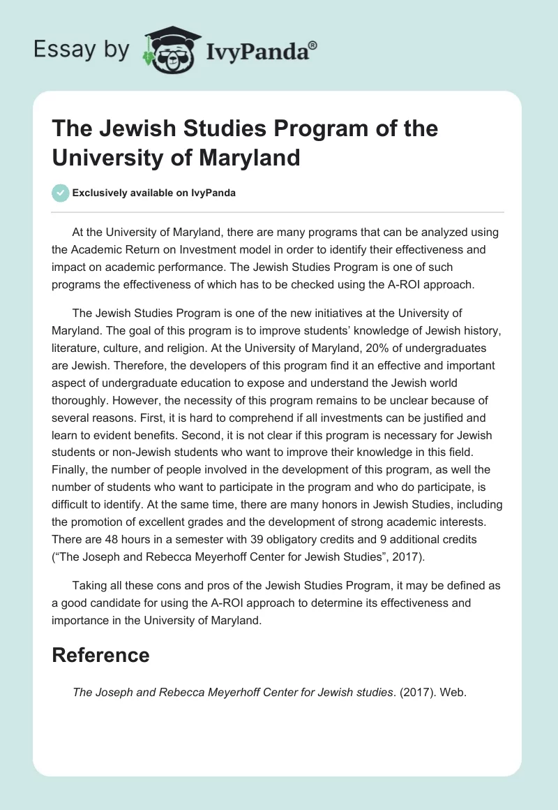 The Jewish Studies Program of the University of Maryland. Page 1